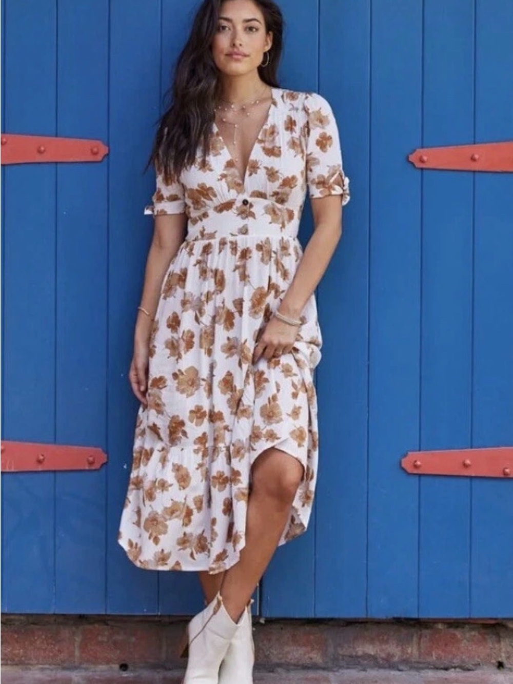 Altar'd State Cream Midi Dress with Brown Floral Print Size XL